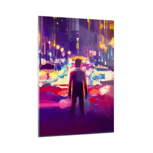 Glasbild - Bild auf glas - Eine Figur in einem farbenfrohen, futuristischen Stadtnachtlicht - 50x70cm - Eingetaucht in das Licht - Moderne Wanddekoration für Wohnzimmer und Schlafzimmer ARTTOR