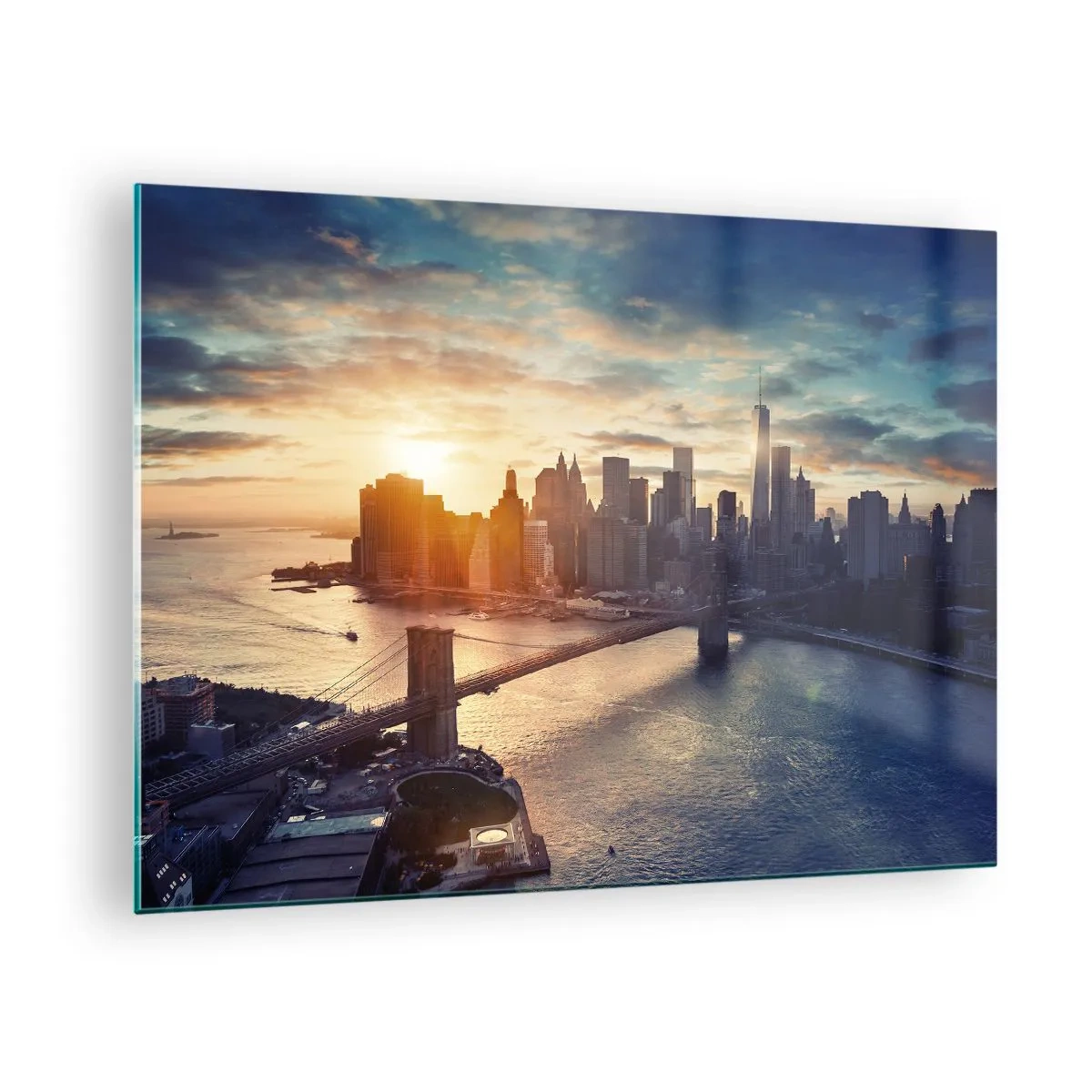 Glasbild - Bild auf glas - Blick auf die Stadt bei Sonnenuntergang mit der Brücke im Vordergrund - 70x50cm - Westliches Kulturdenkmal - Moderne Wanddekoration für Wohnzimmer und Schlafzimmer ARTTOR
