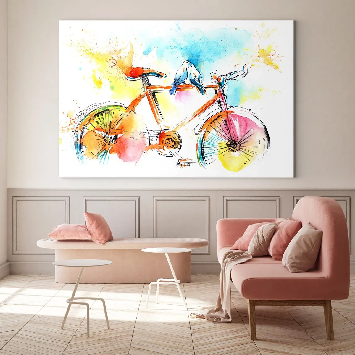 Glasbild - Bild auf glas - Ein buntes Fahrrad mit Vögeln auf dem Lenker - 100x70cm - Fahrrad für zwei - Moderne Wanddekoration für Wohnzimmer und Schlafzimmer ARTTOR
