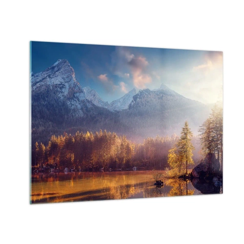 Glasbild - Bild auf glas - Goldenes Morgenlicht über einem von Wald umgebenen Bergsee - 70x50cm - In den Bergen und Tälern - Moderne Wanddekoration für Wohnzimmer und Schlafzimmer ARTTOR