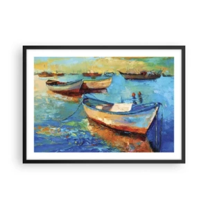 Poster in einem schwarzem Rahmen - Bunte Boote vertäut auf ruhigem Wasser - 70x50cm - In der südlichen Bucht - Moderne Wanddekoration für Wohnzimmer und Schlafzimmer ARTTOR