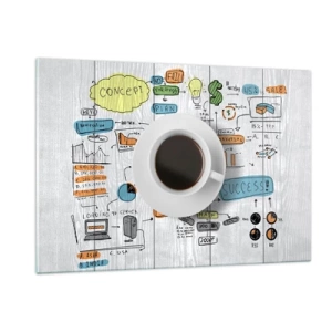 Glasbild - Bild auf glas - Eine Tasse Kaffee vor dem Hintergrund von Diagrammen und Konzeptzeichnungen - 120x80cm - Zeit für eine Pause - Moderne Wanddekoration für Wohnzimmer und Schlafzimmer ARTTOR