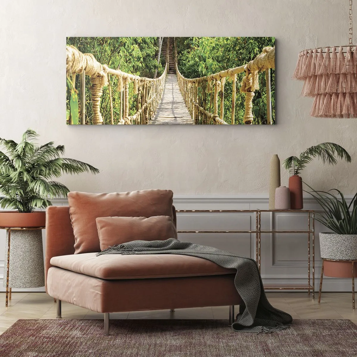 Bild auf Leinwand - Leinwandbild - Eine Hängebrücke in einem tropischen Wald voller Grün - 140x50cm - Im Grünen ausgesetzt - Moderne Wanddekoration für Wohnzimmer und Schlafzimmer ARTTOR