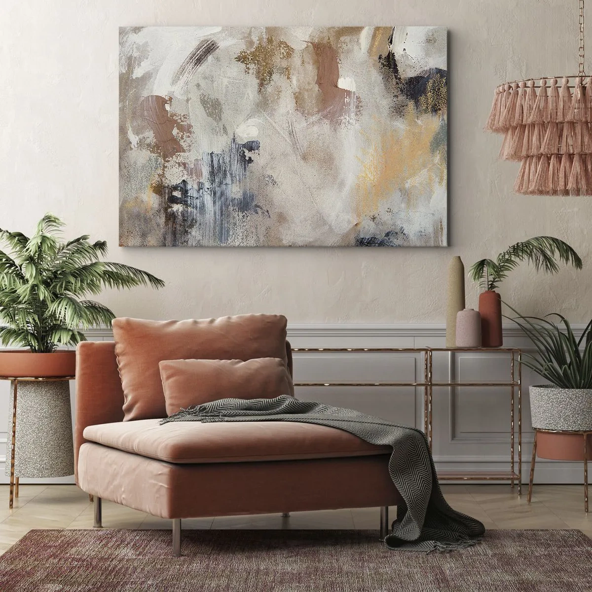 Bild auf Leinwand - Leinwandbild - Abstrakte Punkte in gedeckten Beige- und Goldtönen - 70x50cm - Neblige Abstraktion - Moderne Wanddekoration für Wohnzimmer und Schlafzimmer ARTTOR