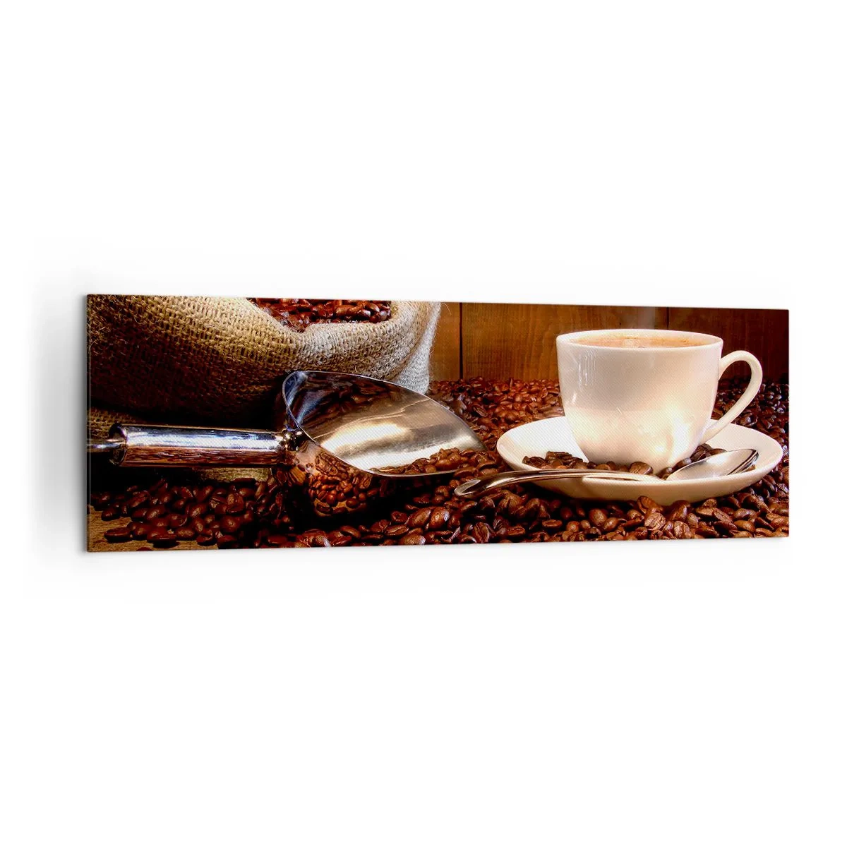 Bild auf Leinwand - Leinwandbild - Eine Tasse Kaffee mit Kaffeebohnen und einem Getreidesack im Hintergrund - 160x50cm - Fühlst du diesen Geruch? - Moderne Wanddekoration für Wohnzimmer und Schlafzimmer ARTTOR