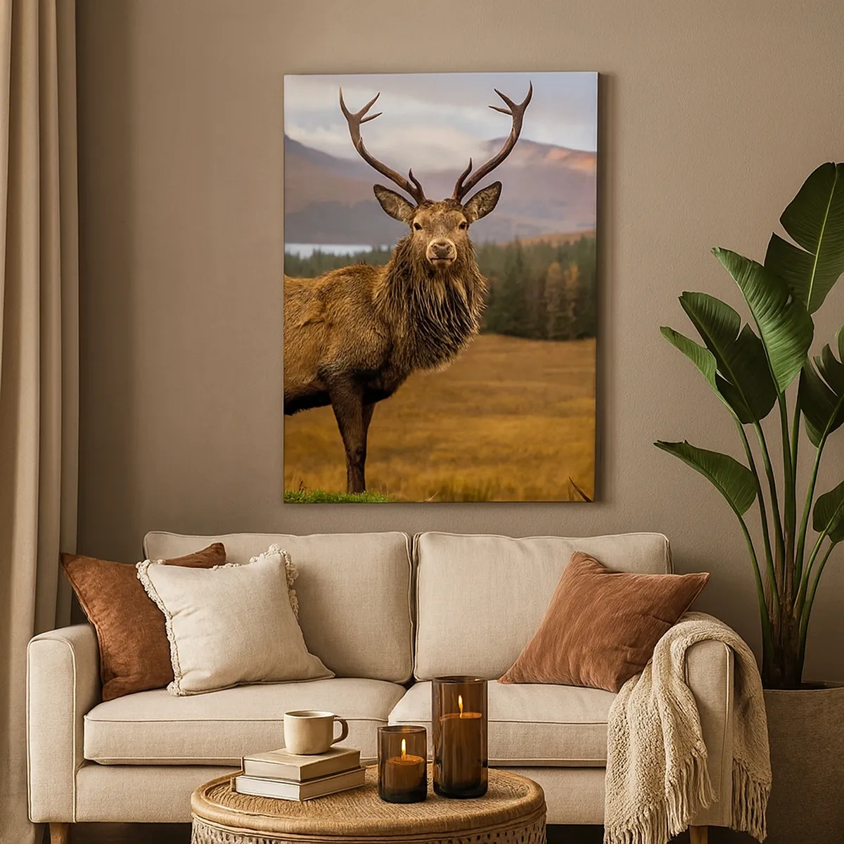Bild auf Leinwand - Leinwandbild - Ein Hirsch vor der Kulisse einer Berglandschaft mit Seen und Wäldern - 50x70cm - Die Majestät der Natur - Moderne Wanddekoration für Wohnzimmer und Schlafzimmer ARTTOR