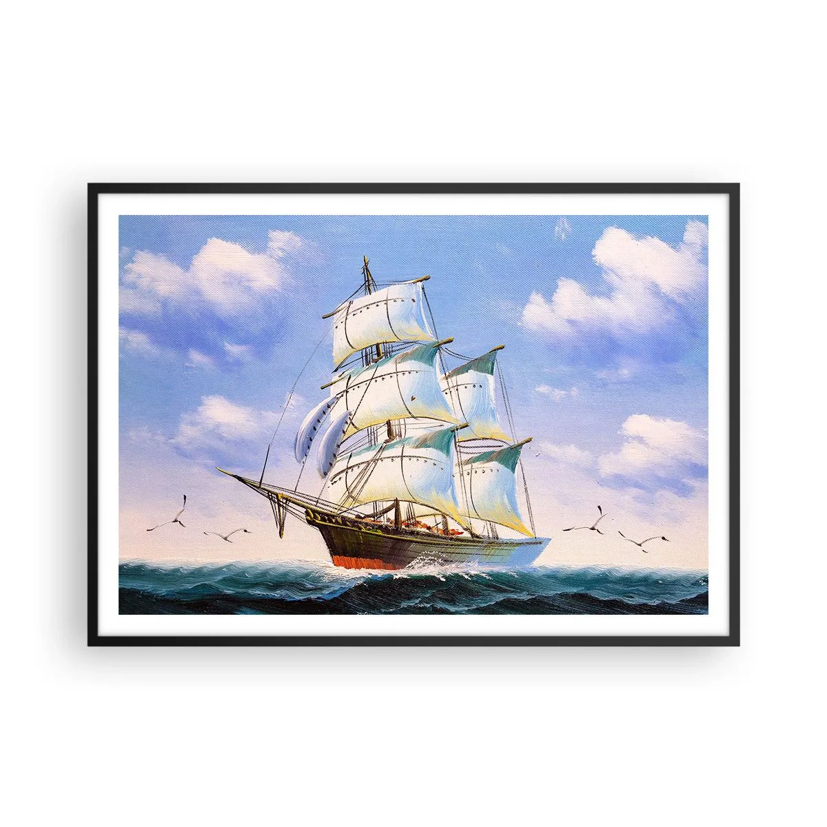Poster in einem schwarzem Rahmen - Ein Segelschiff auf offener See unter blauem Himmel - 100x70cm - Mit Stolz mit dem Wind - Moderne Wanddekoration für Wohnzimmer und Schlafzimmer ARTTOR