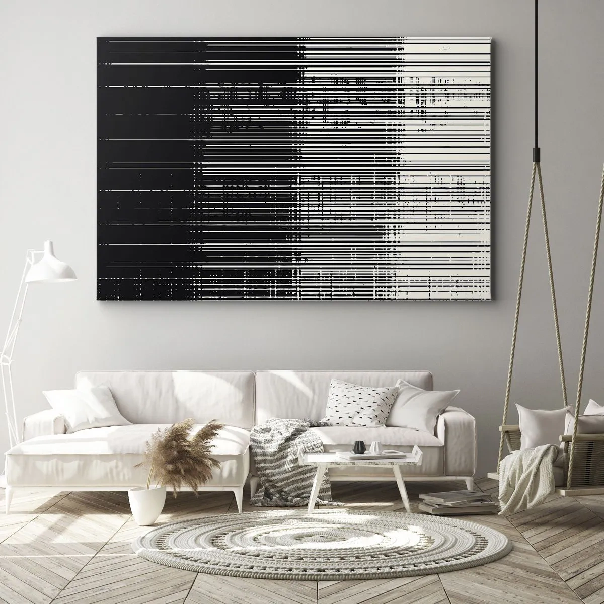 Bild auf Leinwand - Leinwandbild - Abstrakte Linienkomposition in kontrastierendem Schwarz und Weiß - 70x50cm - Wellen und Vibrationen - Moderne Wanddekoration für Wohnzimmer und Schlafzimmer ARTTOR