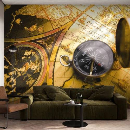 Fototapete Premium Canvas - Oder vielleicht bis ans Ende der Welt? - Reisen, Weltkarten, Kompass - 450x315 cm