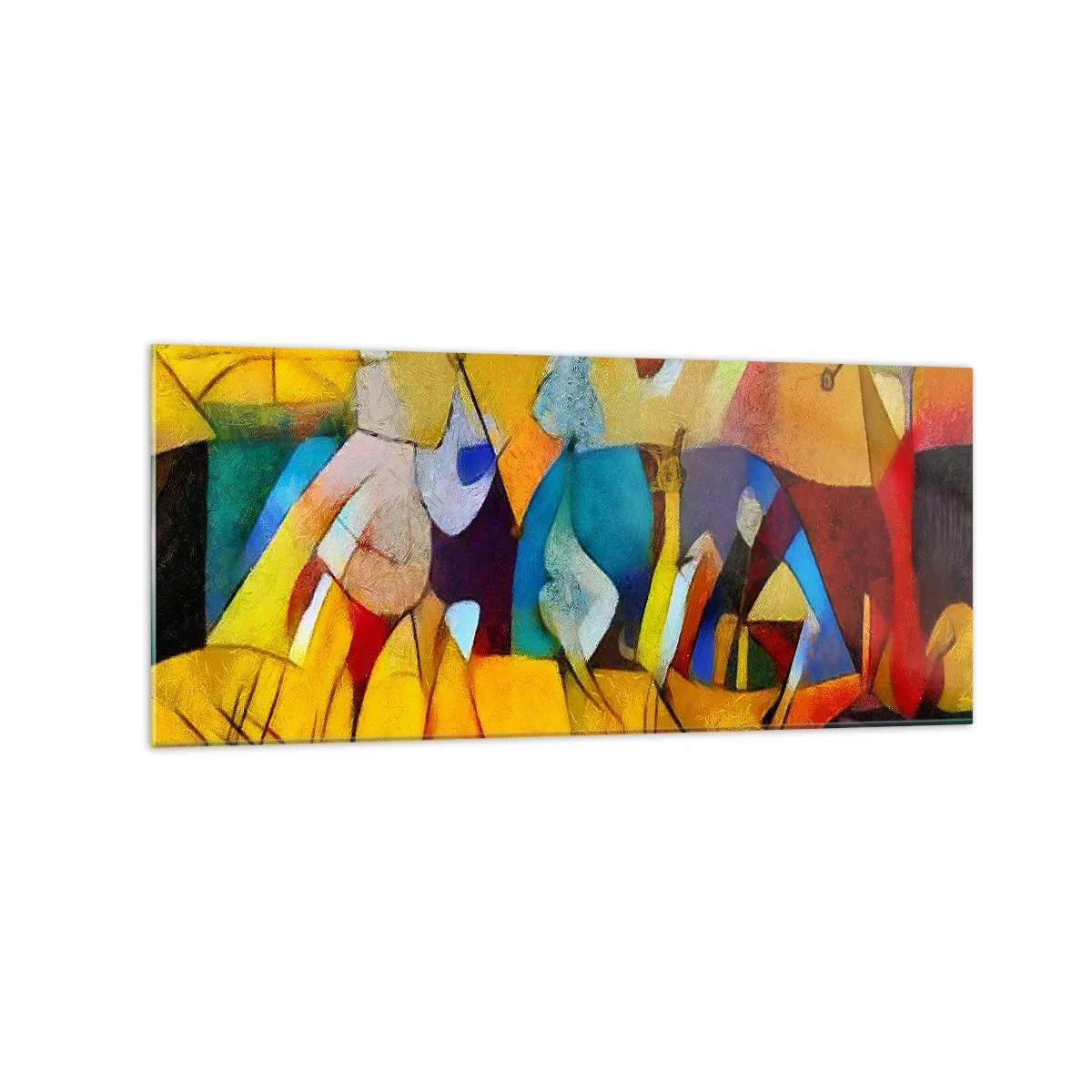 Glasbild - Bild auf glas - Eine farbenfrohe Abstraktion, die Figuren in geometrischer Form darstellt - 120x50cm - Sonne - Leben - Freude - Moderne Wanddekoration für Wohnzimmer und Schlafzimmer ARTTOR