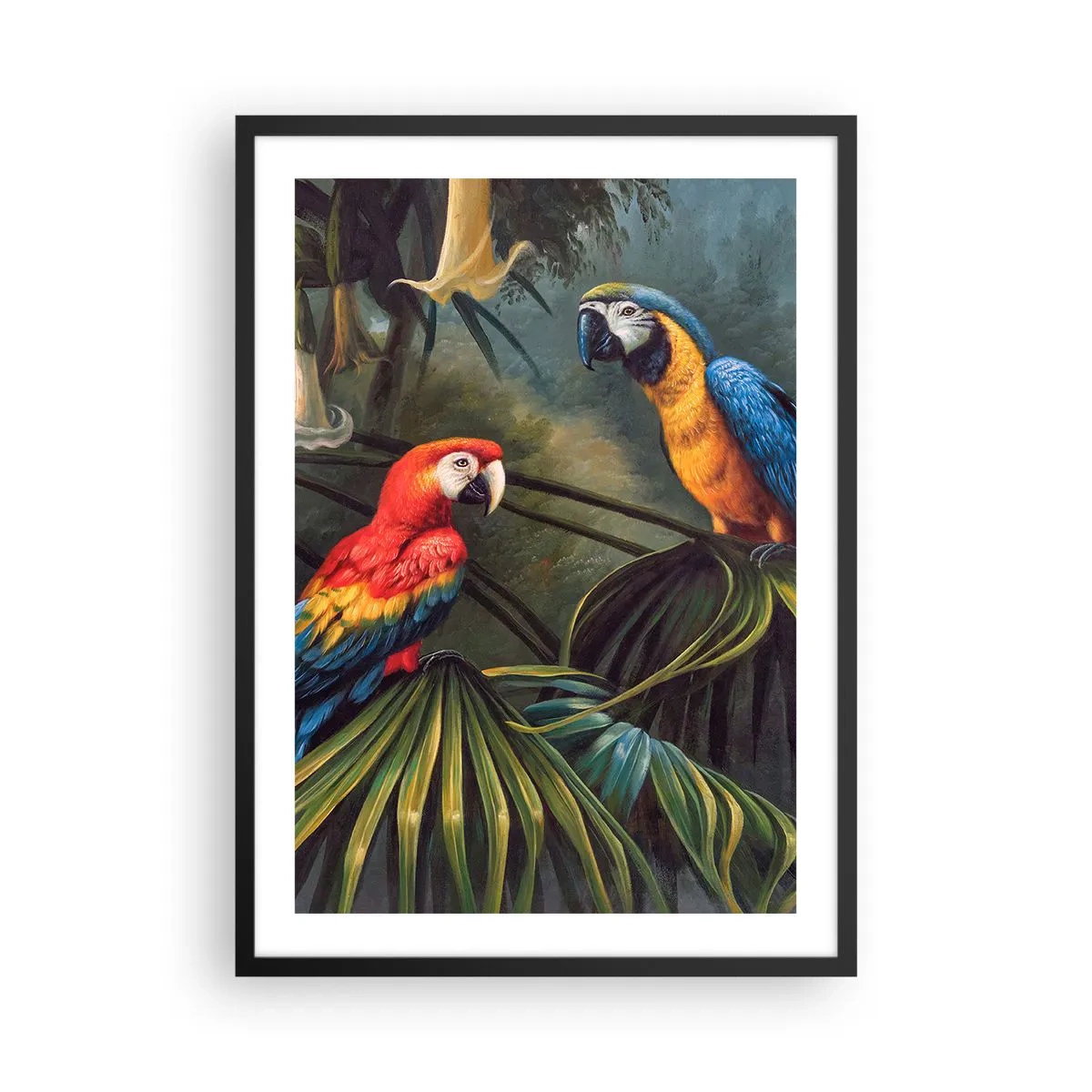 Poster in einem schwarzem Rahmen - Tropische Papageien umgeben von üppiger Vegetation - 50x70cm - Romantik in den Tropen - Moderne Wanddekoration für Wohnzimmer und Schlafzimmer ARTTOR