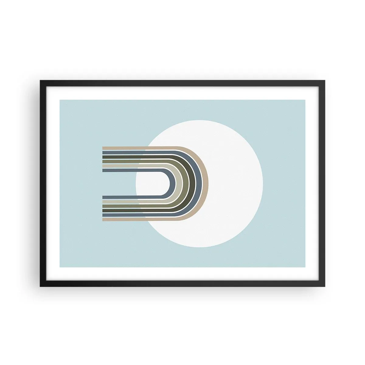 Poster in einem schwarzem Rahmen - Eine minimalistische Komposition mit einem Kreis und Linien auf pastellfarbenem Hintergrund. - 70x50cm - Unwiderstehliche Anziehungskraft - Moderne Wanddekoration für Wohnzimmer und Schlafzimmer ARTTOR