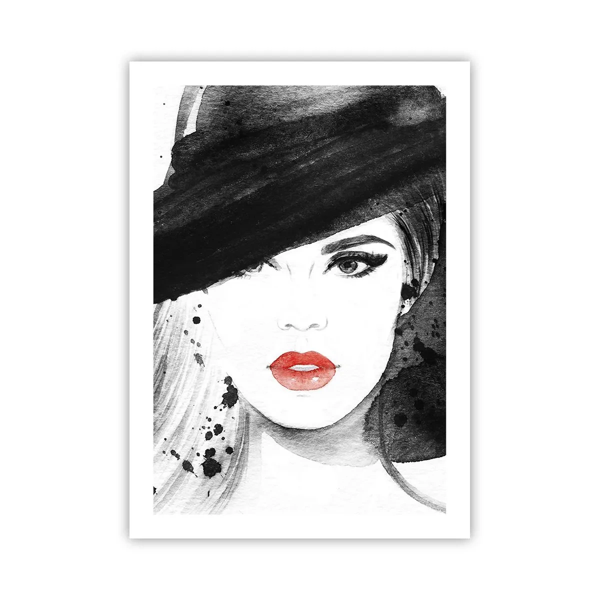 Poster - Porträt einer Frau mit Hut und rotem Lippenakzent - 50x70cm - Frau in schwarz - Moderne Wanddekoration für Wohnzimmer und Schlafzimmer ARTTOR