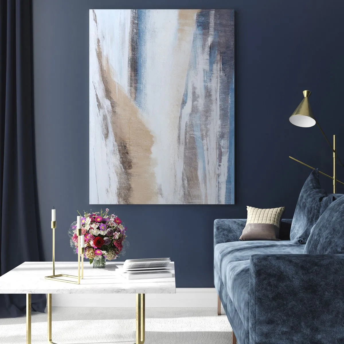 Glasbild - Bild auf glas - Abstrakte Winterlandschaft in Weiß- und Blautönen - 80x120cm - Winterkomposition - Moderne Wanddekoration für Wohnzimmer und Schlafzimmer ARTTOR