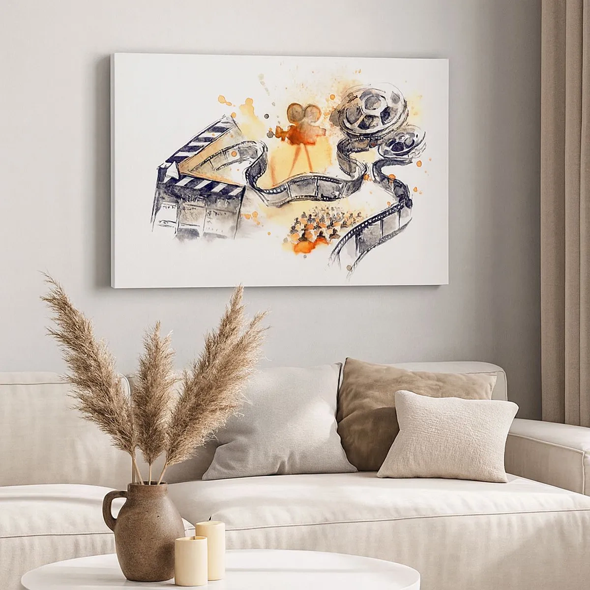 Bild auf Leinwand - Leinwandbild - Die Symbolik des Kinos mit einem Filmstreifen in einem künstlerischen Aquarell - 70x50cm - Im Land der Träume - Moderne Wanddekoration für Wohnzimmer und Schlafzimmer ARTTOR