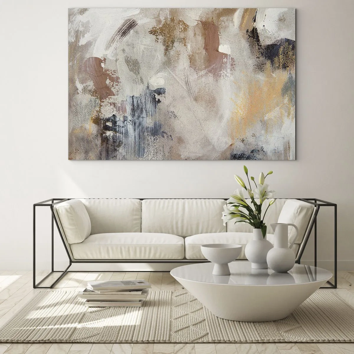 Glasbild - Bild auf glas - Beige und braune abstrakte Komposition in einem verschwommenen Stil - 120x80cm - Neblige Abstraktion - Moderne Wanddekoration für Wohnzimmer und Schlafzimmer ARTTOR