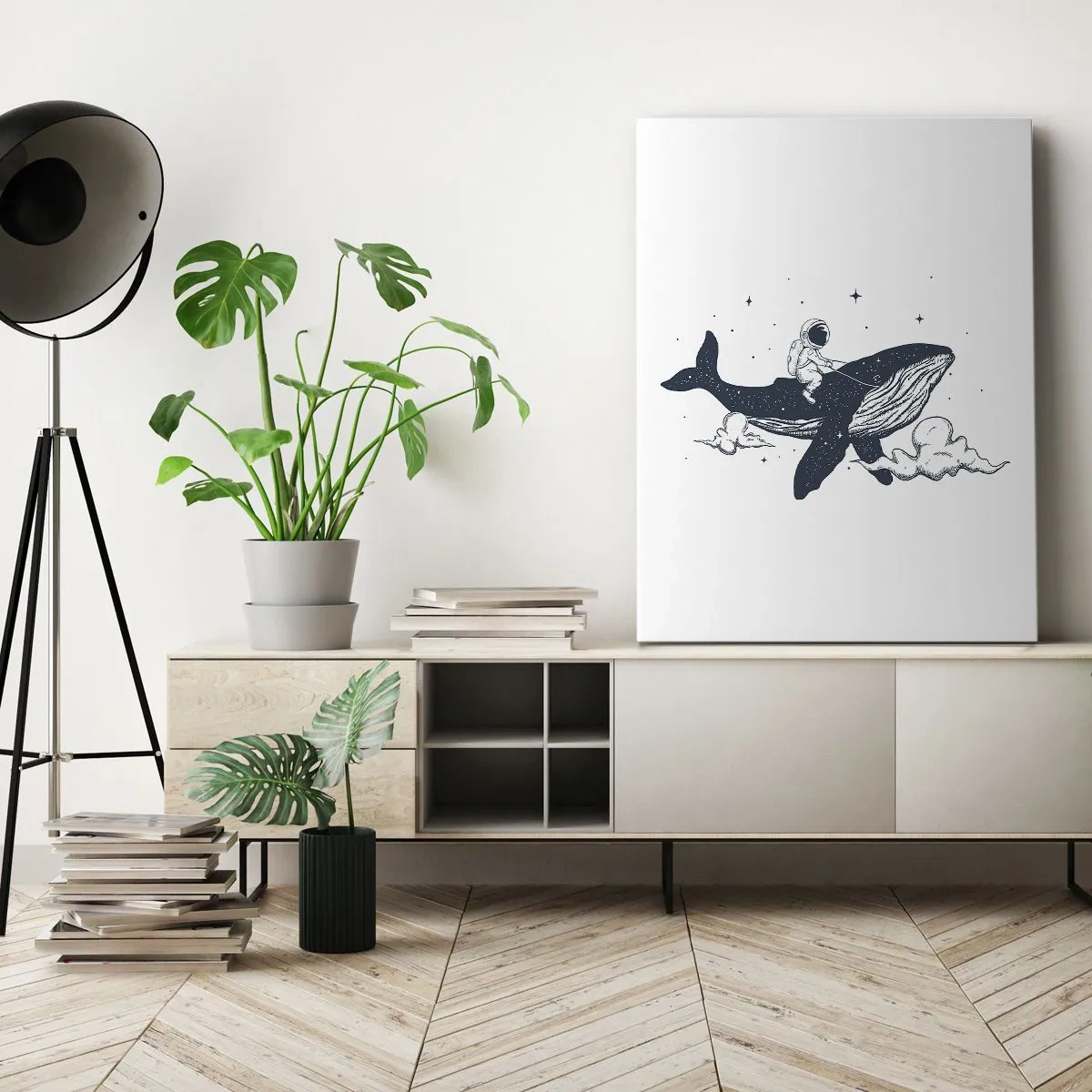 Bild auf Leinwand - Leinwandbild - Astronaut auf einem im Weltraum schwebenden Wal - 50x70cm - Weltraumabenteuer - Moderne Wanddekoration für Wohnzimmer und Schlafzimmer ARTTOR