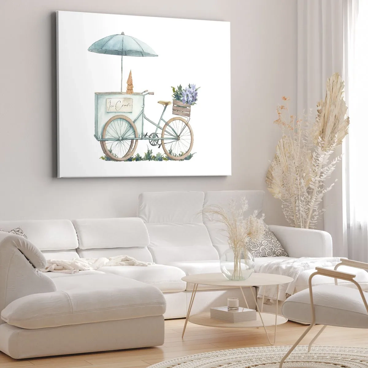 Bild auf Leinwand - Leinwandbild - Ein Fahrrad mit Eis und Blumen unter einem Regenschirm in zarten Pastellfarben - 70x50cm - Süße Erinnerung an den Sommer - Moderne Wanddekoration für Wohnzimmer und Schlafzimmer ARTTOR
