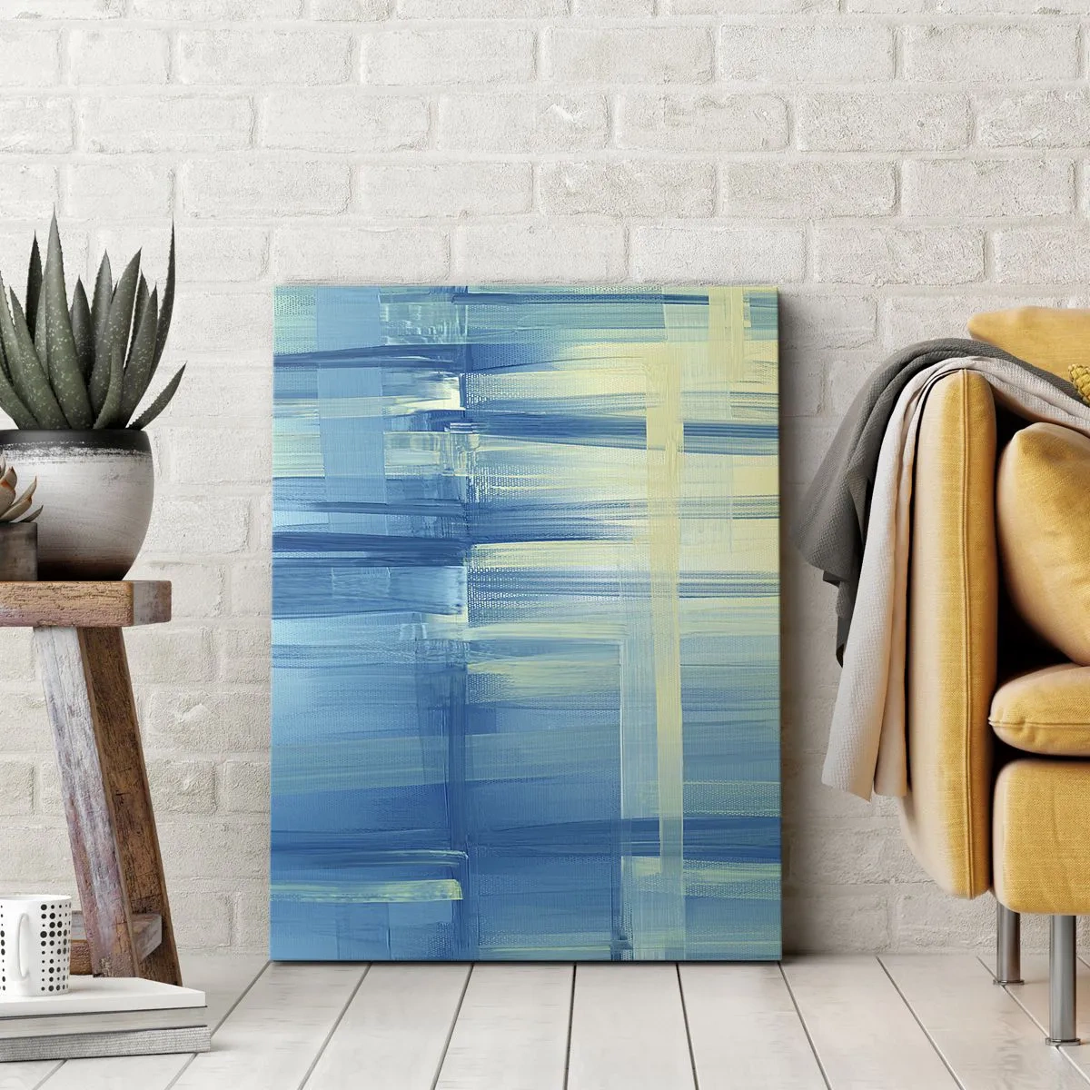 Bild auf Leinwand - Leinwandbild - Ein abstraktes Gemälde in Türkis- und Blautönen mit geometrischen Pinselstrichen. - 50x70cm - Komposition in Türkis - Moderne Wanddekoration für Wohnzimmer und Schlafzimmer ARTTOR