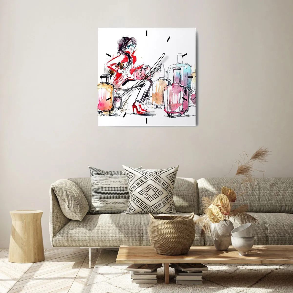Wanduhr - Glasuhr - Eine Frau mit Koffern in einer dynamischen Aquarellillustration - 30x30cm - Setzen wir uns vor der Reise hin - Moderne Wanddekoration für Wohnzimmer und Schlafzimmer ARTTOR