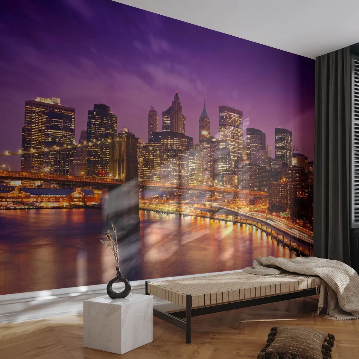 Fototapete Premium Sand - Violett-goldenes Manhathann - Stadt, New York, Die Architektur - 200x140 cm