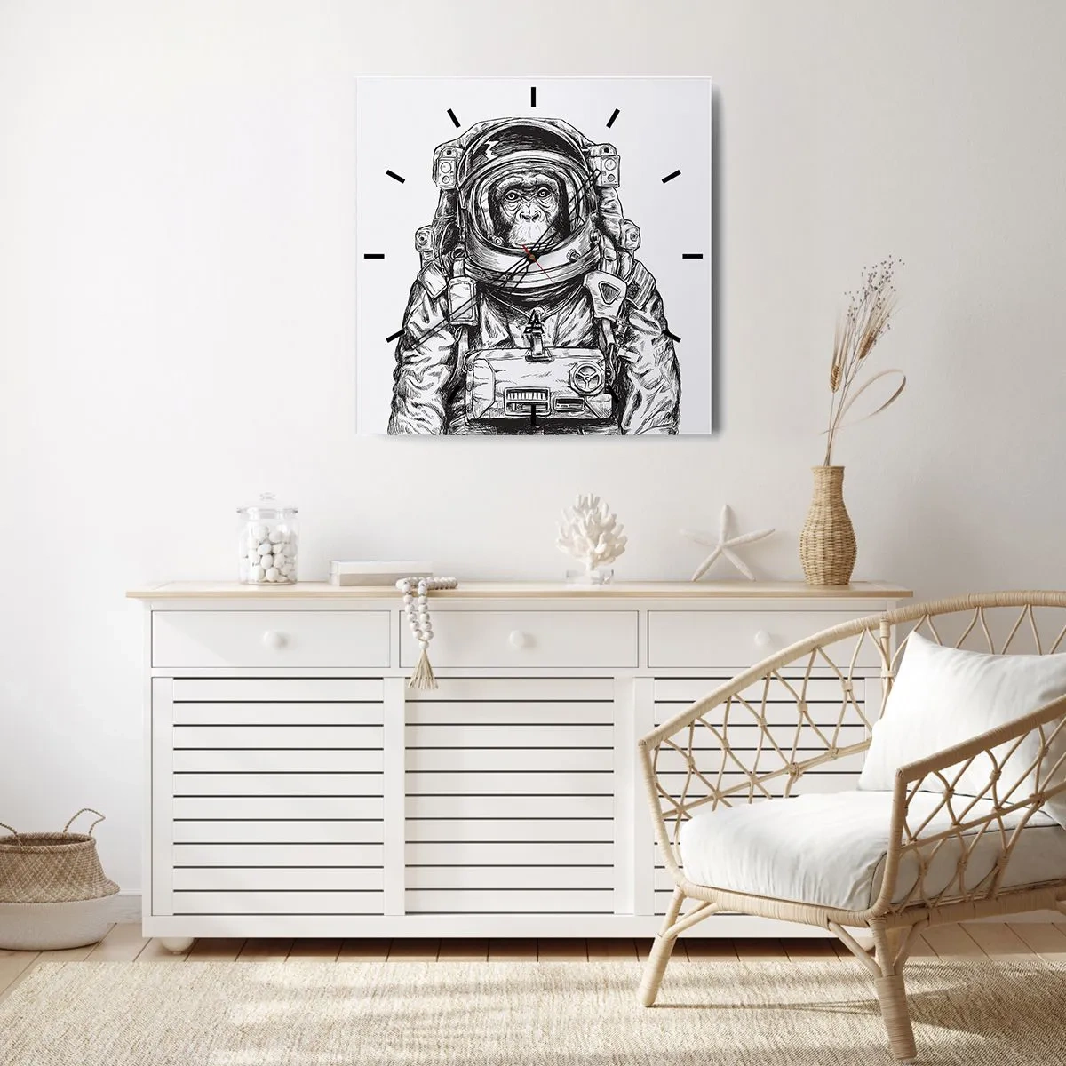 Wanduhr - Glasuhr - Grafik eines Astronauten im Raumanzug mit Affenkopf - 30x30cm - Alternative Evolution - Moderne Wanddekoration für Wohnzimmer und Schlafzimmer ARTTOR