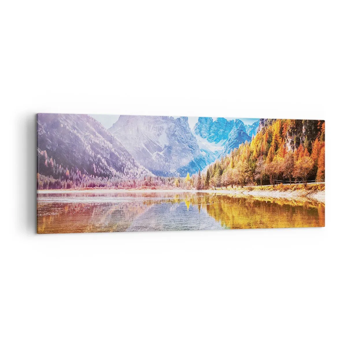 Bild auf Leinwand - Leinwandbild - Herbstliche Berglandschaft mit See - 140x50cm - Und in den Bergen ist es schon Herbst - Moderne Wanddekoration für Wohnzimmer und Schlafzimmer ARTTOR