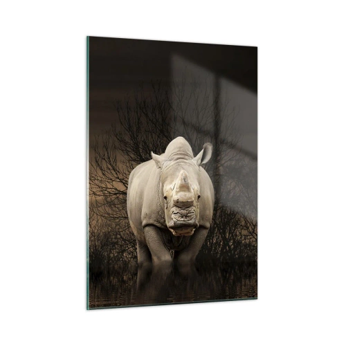 Glasbild - Bild auf glas - Nashorn vor der untergehenden Sonne - 50x70cm - Weiß gegen die Natur - Moderne Wanddekoration für Wohnzimmer und Schlafzimmer ARTTOR