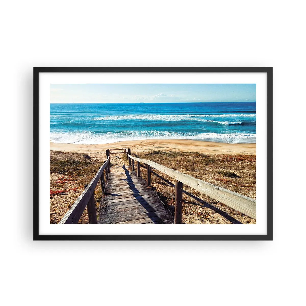 Poster in einem schwarzem Rahmen - Holzweg zum Strand - 70x50cm - Lauf! - Moderne Wanddekoration für Wohnzimmer und Schlafzimmer ARTTOR