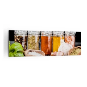 Bild auf Leinwand - Leinwandbild - Kräuter und Gewürze in Gläsern auf dunklem Hintergrund - 160x50cm - Für einen Geschmack des Lebens - Moderne Wanddekoration für Wohnzimmer und Schlafzimmer ARTTOR