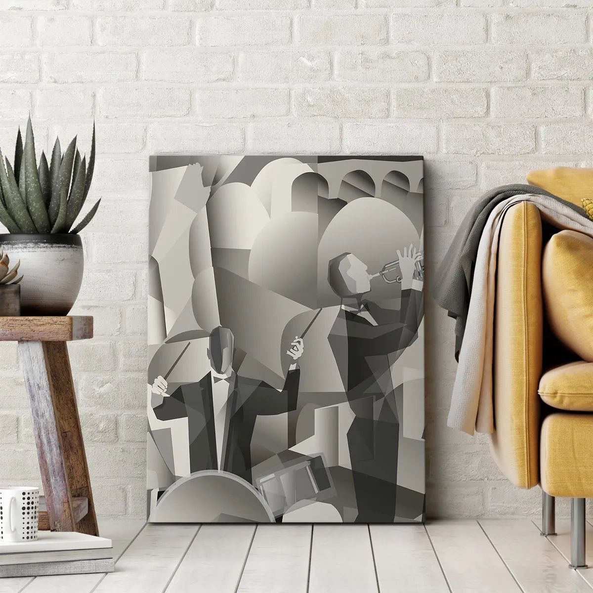 Bild auf Leinwand - Leinwandbild - Abstrakte Szene mit Jazzmusikern in Grautönen. - 80x120cm - Im Raum der Klänge - Moderne Wanddekoration für Wohnzimmer und Schlafzimmer ARTTOR