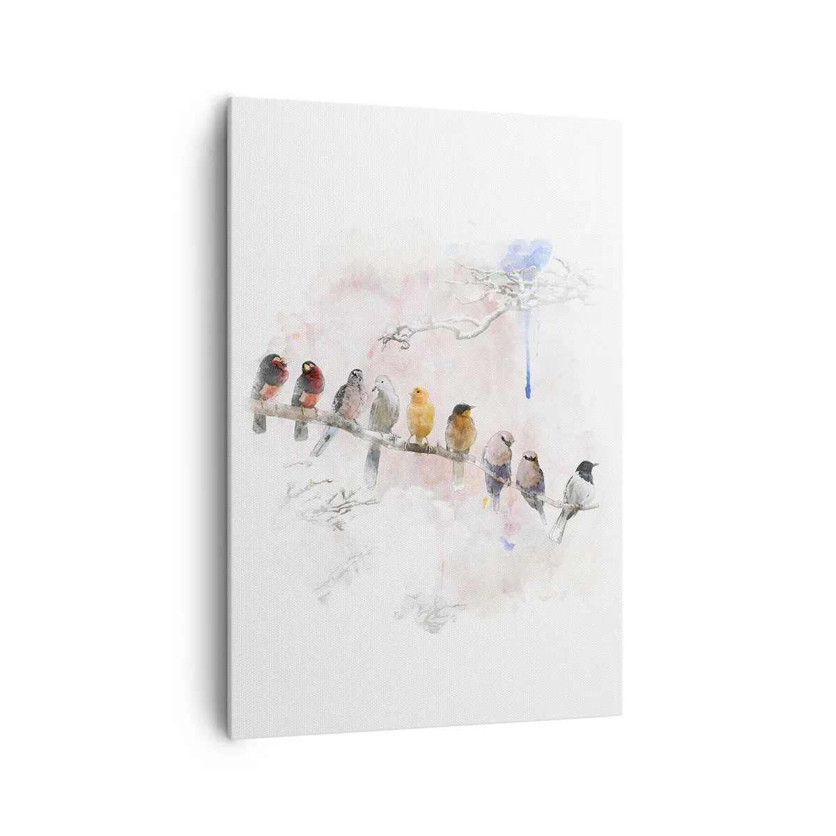 Bild auf Leinwand - Leinwandbild - Bunte Vögel auf einem Ast im Aquarellstil - 70x100cm - Geflügeltes Treffen - Moderne Wanddekoration für Wohnzimmer und Schlafzimmer ARTTOR