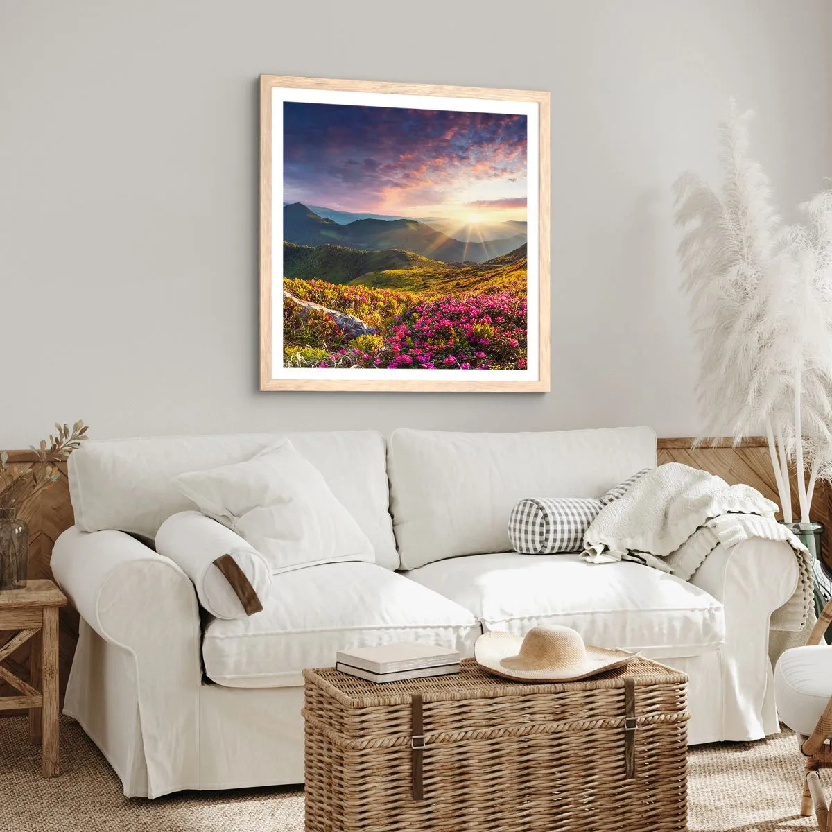 Poster in einem Rahmen aus heller Eiche - Frische am Bergmorgen - 40x40 cm