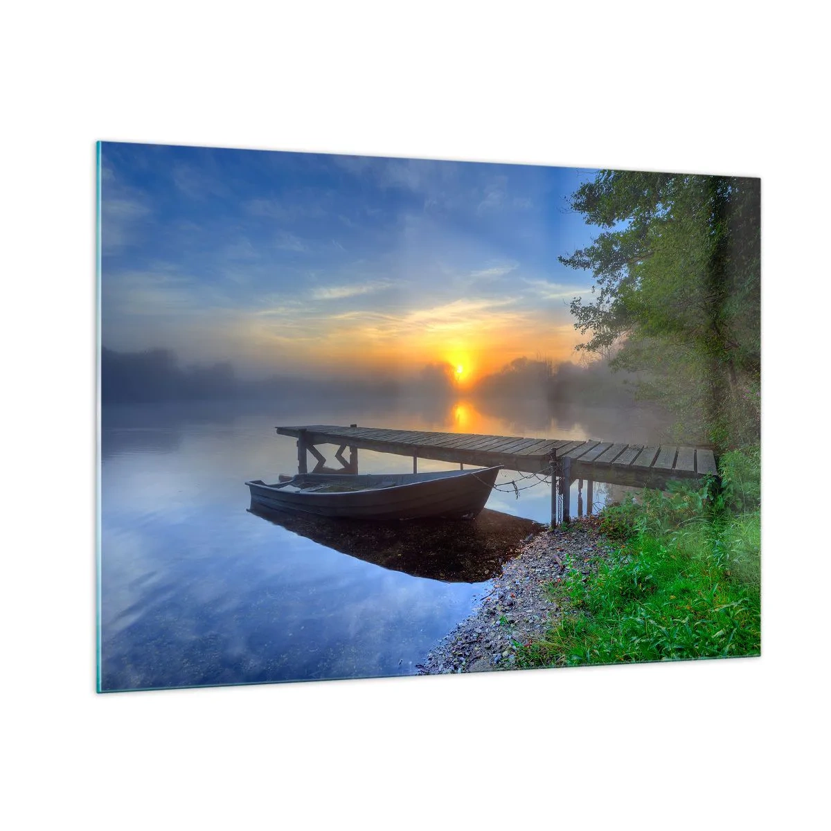 Glasbild - Bild auf glas - Ein Boot am Pier bei Sonnenaufgang auf dem See - 100x70cm - Wie aus Gewöhnlichem Magie wird - Moderne Wanddekoration für Wohnzimmer und Schlafzimmer ARTTOR