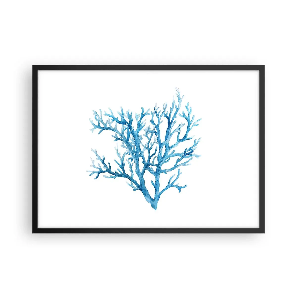 Poster in einem schwarzem Rahmen - Blaue Koralle auf weißem Hintergrund mit minimalistischem Flair - 70x50cm - Nautisches Filigran - Moderne Wanddekoration für Wohnzimmer und Schlafzimmer ARTTOR
