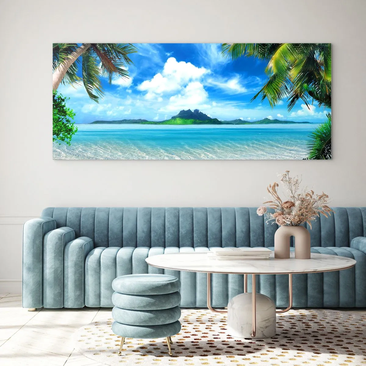 Glasbild - Bild auf glas - Tropischer Strand mit Palmen und Blick auf die Insel - 160x50cm - Das Azurblau der Tropen - Moderne Wanddekoration für Wohnzimmer und Schlafzimmer ARTTOR