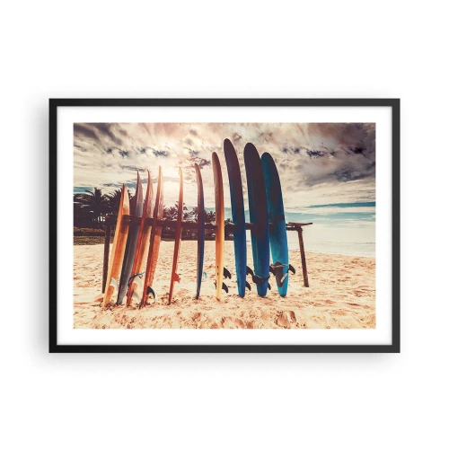Poster in einem schwarzem Rahmen - Surfbretter am Strand bei Sonnenuntergang - 70x50cm - Gute Nacht bis morgen - Moderne Wanddekoration für Wohnzimmer und Schlafzimmer ARTTOR