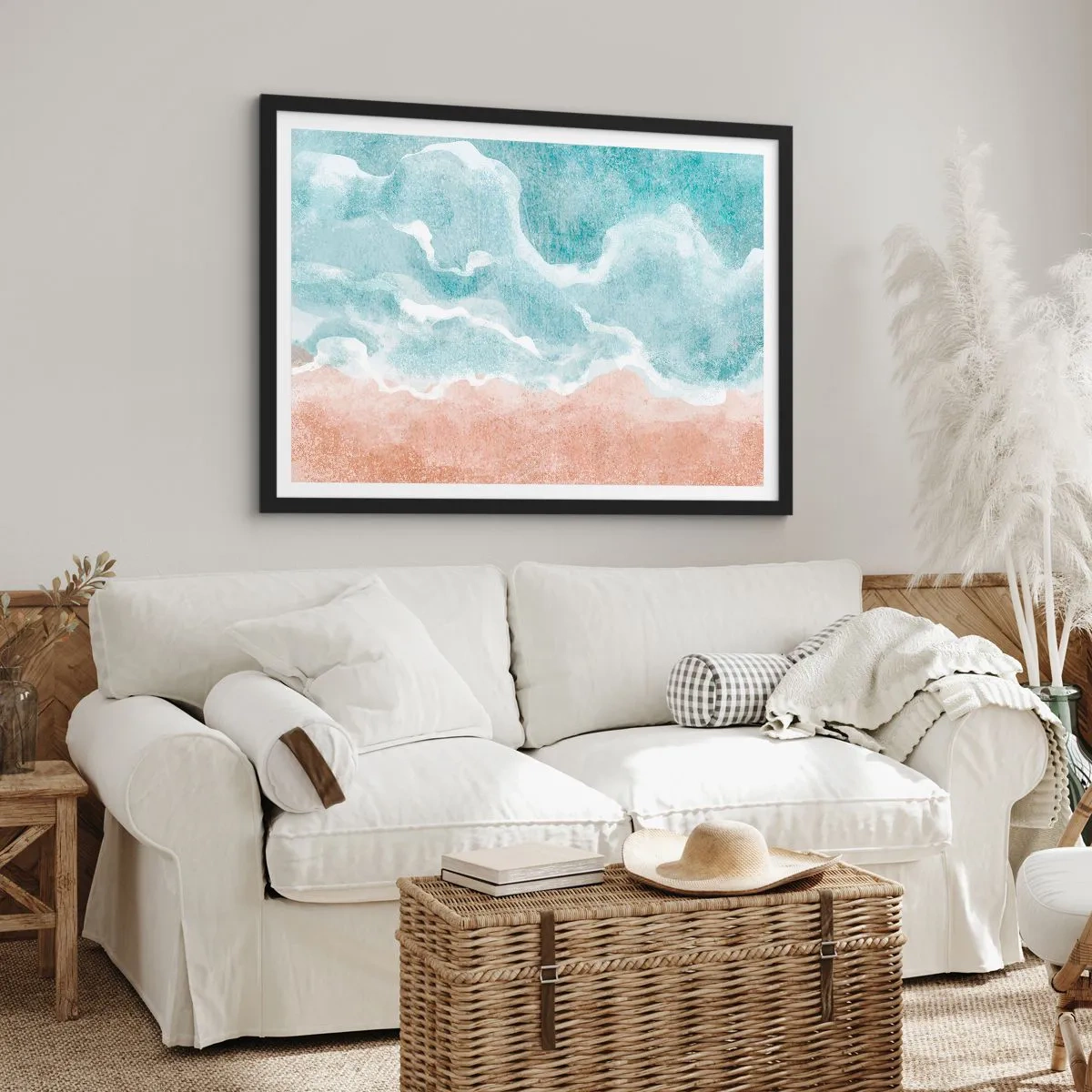 Poster in einem schwarzem Rahmen - Abstrakter Strand mit Wellen in Blau- und Beigetönen - 100x70cm - Cloud-Abstraktion - Moderne Wanddekoration für Wohnzimmer und Schlafzimmer ARTTOR
