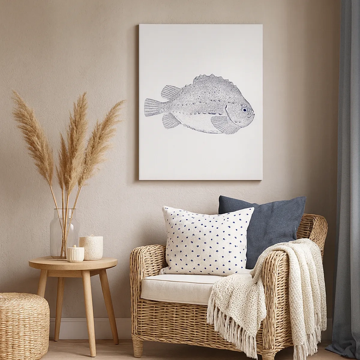 Bild auf Leinwand - Leinwandbild - Schwarz-weiße Zeichnung eines Fisches auf weißem Hintergrund im minimalistischen Stil - 50x70cm - Für das Album des Naturforschers - Moderne Wanddekoration für Wohnzimmer und Schlafzimmer ARTTOR