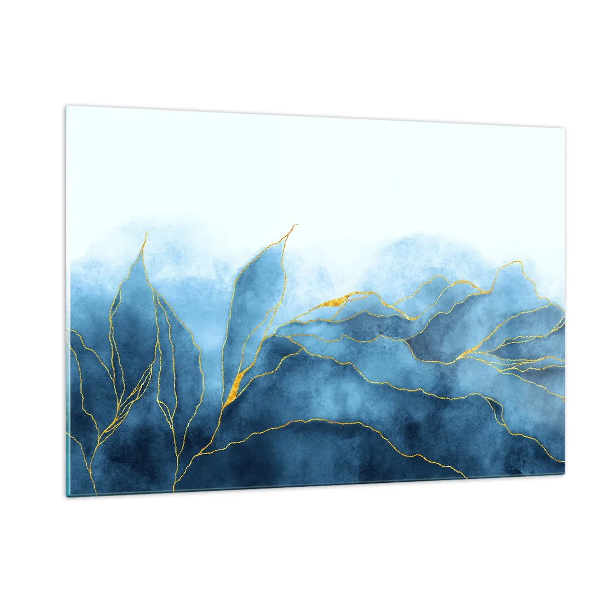 Glasbild - Bild auf glas - Abstrakte blaue Formen mit zarten goldenen Linien. - 120x80cm - Blau im Gold - Moderne Wanddekoration für Wohnzimmer und Schlafzimmer ARTTOR