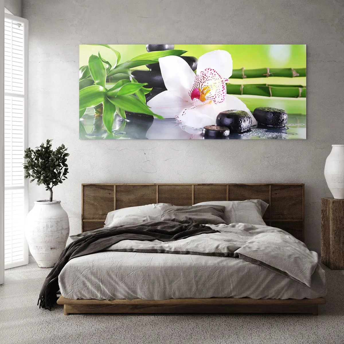 Glasbild - Bild auf glas - Orchidee, Steine und Bambus in einer harmonischen Spa-Komposition - 120x50cm - Kühle Frische - Moderne Wanddekoration für Wohnzimmer und Schlafzimmer ARTTOR