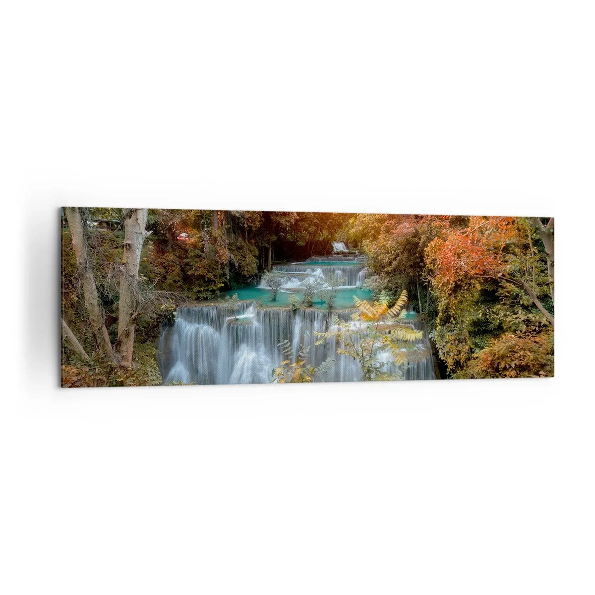 Bild auf Leinwand - Leinwandbild - Herbstlicher Wasserfall, umgeben von bunten Bäumen im Sonnenlicht - 160x50cm - Versteckter Schatz des Waldes - Moderne Wanddekoration für Wohnzimmer und Schlafzimmer ARTTOR