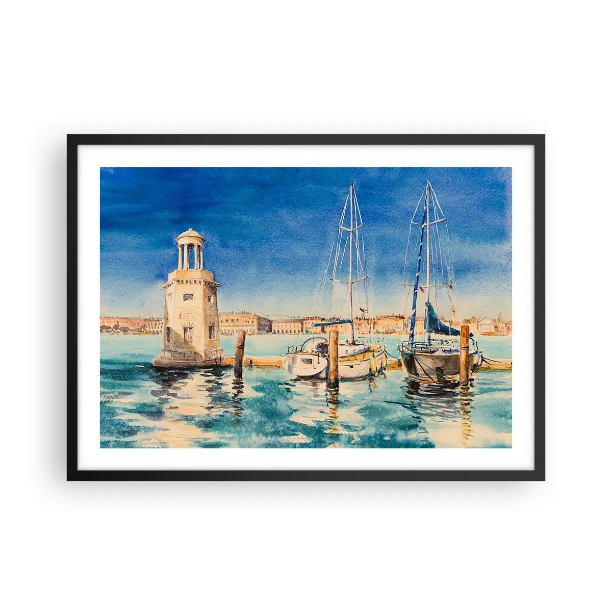 Poster in einem schwarzem Rahmen - Yachthafen mit Booten vor der Kulisse einer blauen Lagune - 70x50cm - Sonnige Lagune - Moderne Wanddekoration für Wohnzimmer und Schlafzimmer ARTTOR