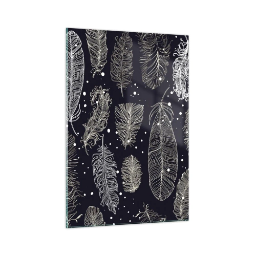 Glasbild - Bild auf glas - Zarte weiße Federn auf marineblauem Hintergrund - 70x100cm - Gefiederte Spitze - Moderne Wanddekoration für Wohnzimmer und Schlafzimmer ARTTOR