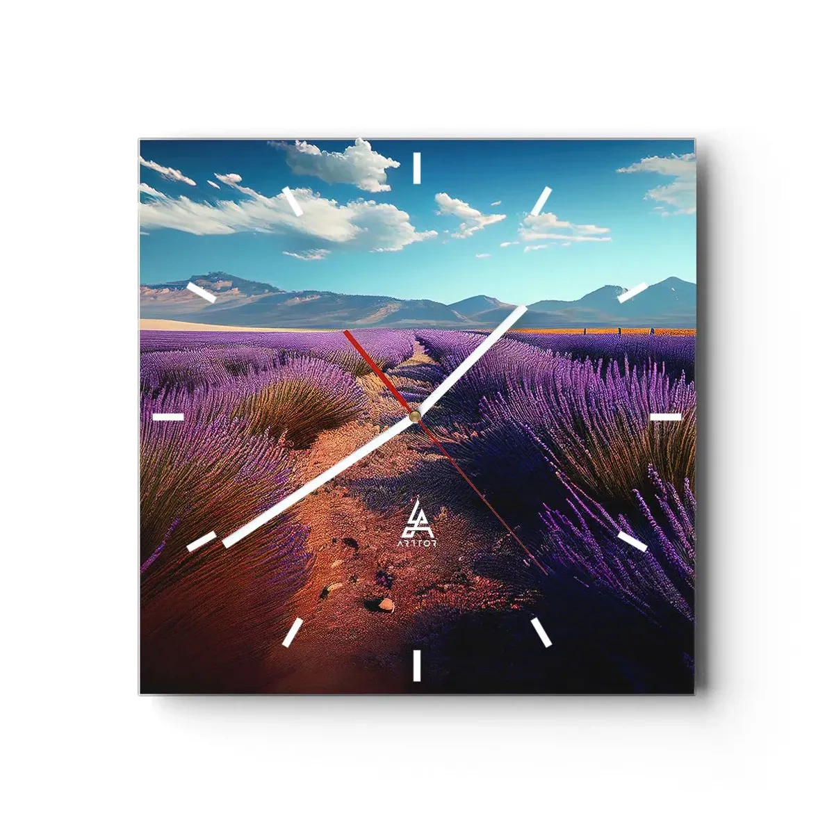 Wanduhr - Glasuhr - Ein Lavendelfeld mit Blick auf die Berge und den blauen Himmel - 30x30cm - Duftende Felder - Moderne Wanddekoration für Wohnzimmer und Schlafzimmer ARTTOR