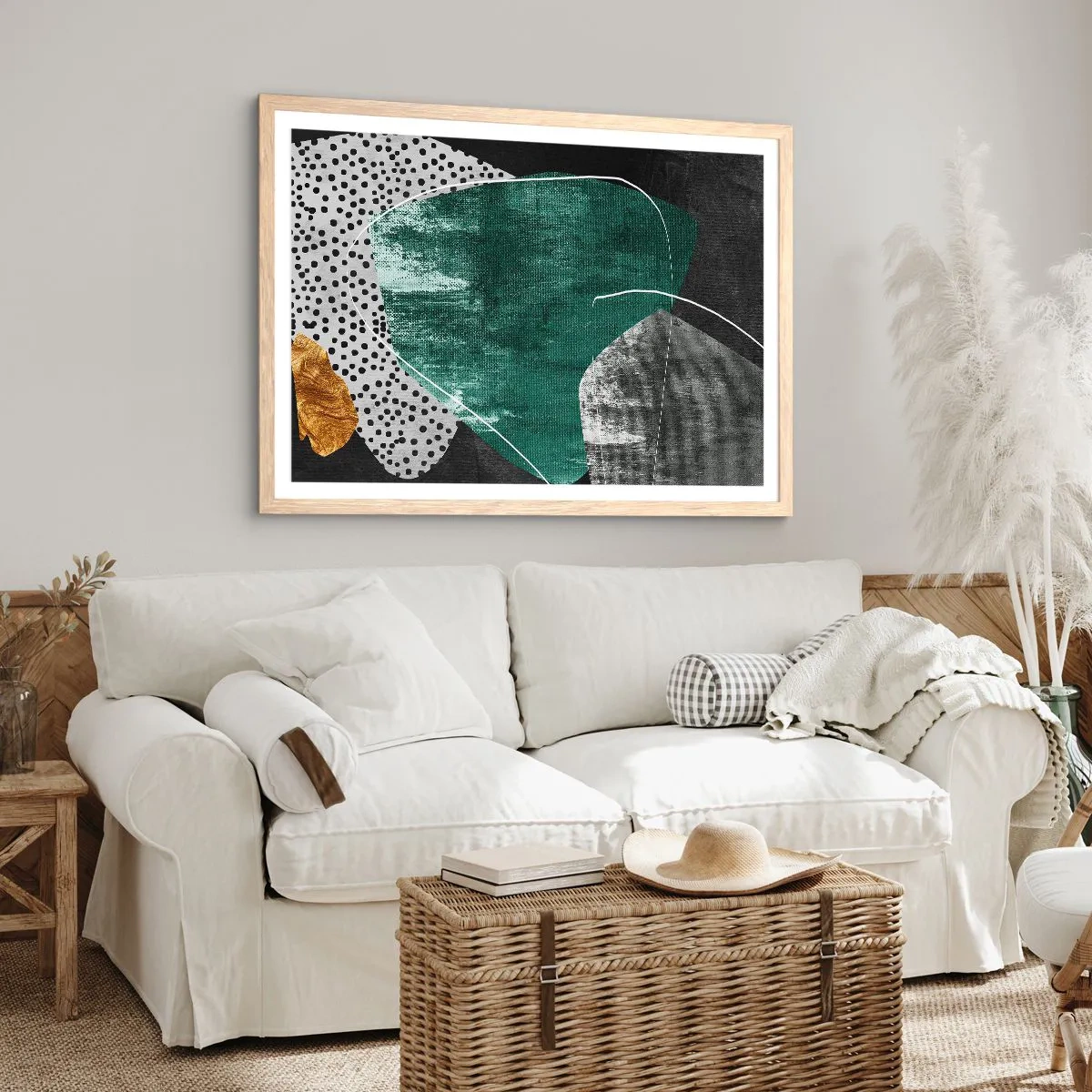 Poster in einem Rahmen aus heller Eiche - Bunte Abstraktion mit Blattgold - 40x30 cm