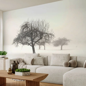Fototapete Premium Sand - Winterlandschaft mit bereiften Bäumen in einem schneebedeckten Feld - 100x70cm - Winterschlaf - Moderne Wanddekoration für Wohnzimmer und Schlafzimmer ARTTOR