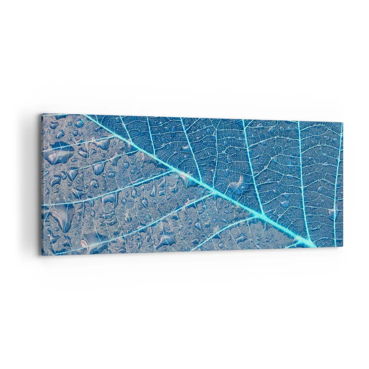 Bild auf Leinwand - Leinwandbild - Ein Blatt in Blautönen mit Wassertropfen - 120x50cm - Leben in Blau - Moderne Wanddekoration für Wohnzimmer und Schlafzimmer ARTTOR