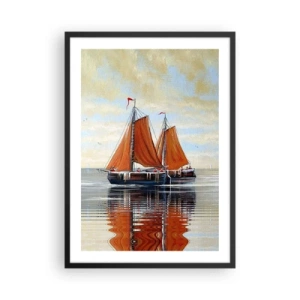 Poster in einem schwarzem Rahmen - Segelboote auf ruhigem Wasser mit roten Segeln - 50x70cm - Hey, Segel, Matrose ... - Moderne Wanddekoration für Wohnzimmer und Schlafzimmer ARTTOR