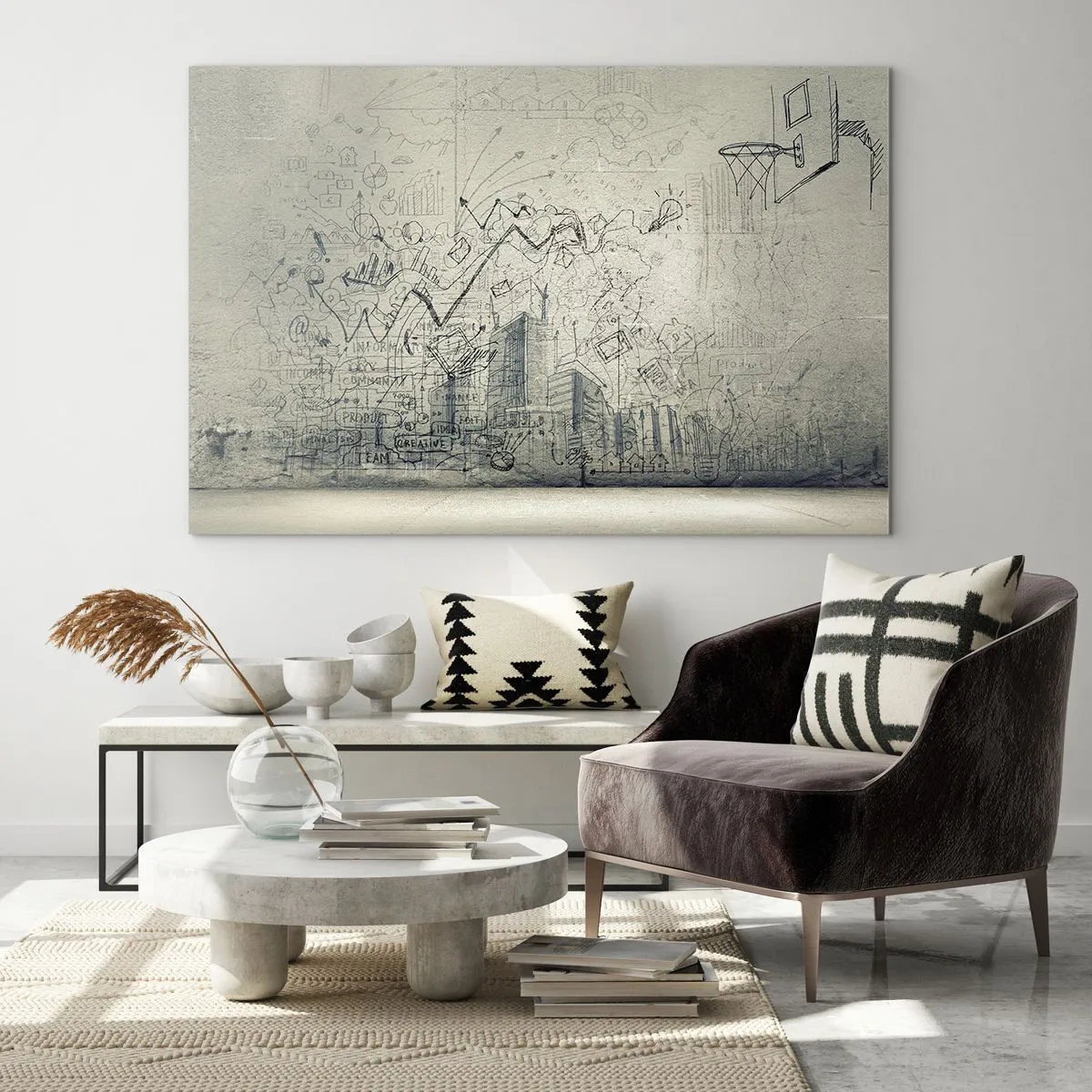 Glasbild - Bild auf glas - Grafische Skizze mit geschäftlichen und kreativen Elementen - 120x80cm - Mein tolles Stadtleben - Moderne Wanddekoration für Wohnzimmer und Schlafzimmer ARTTOR